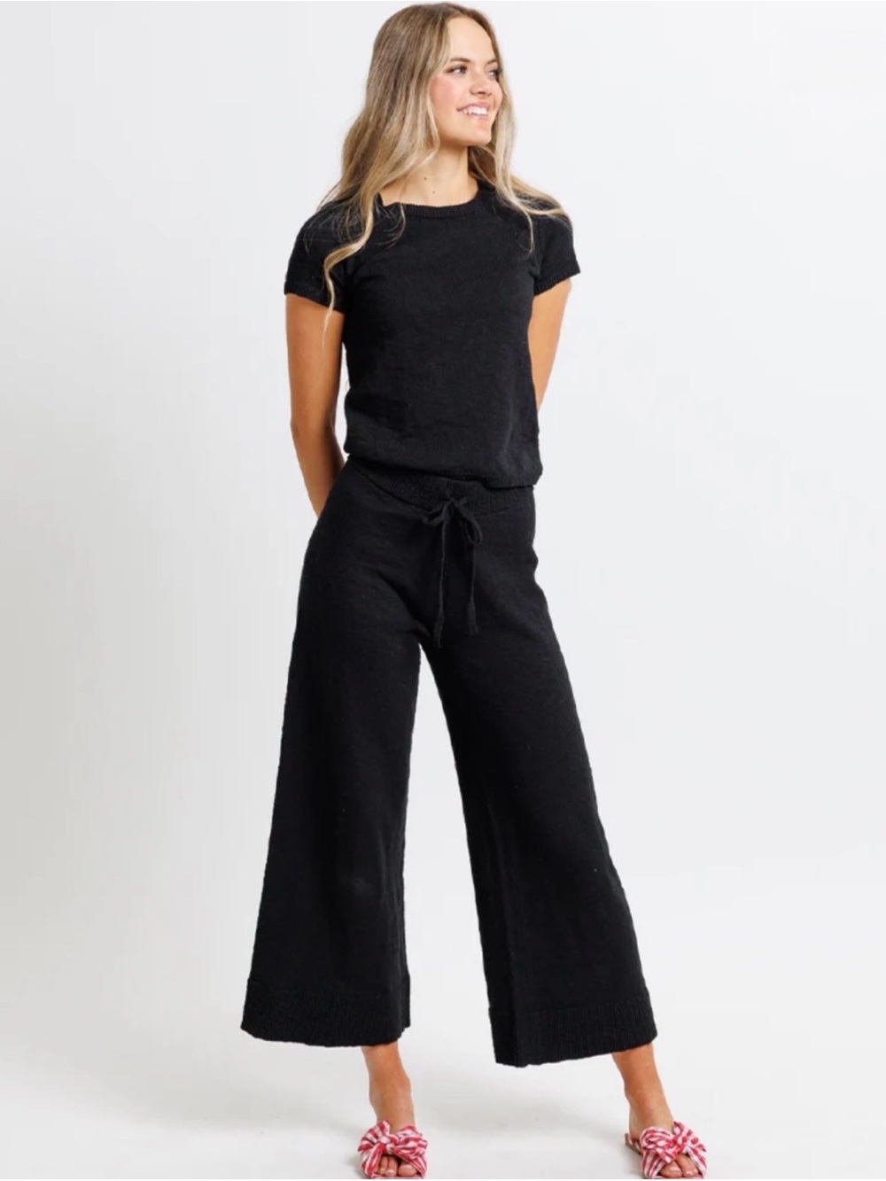 Black Wide-Leg Knit Pull-On Pants